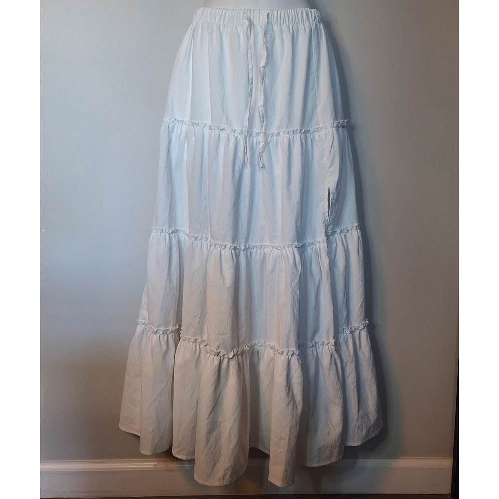 Elleven White Tiered Maxi Skirt Drawstring Waist Side Slit Size Size Medium
